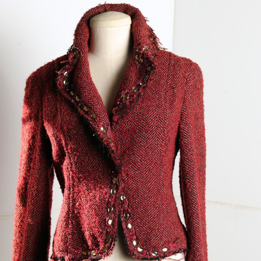 New Funky  and Fabulous Till the End L Maroon Tweed Embellished Jacket w/Bling